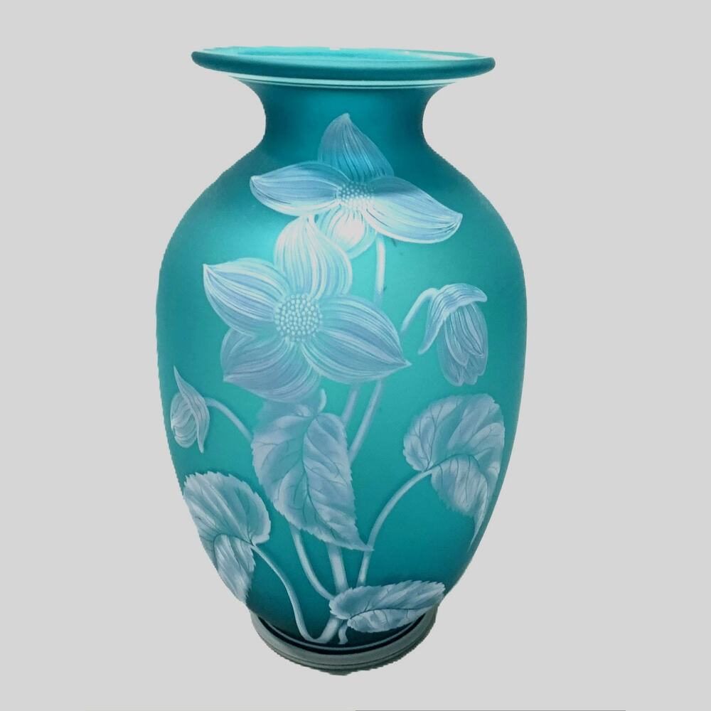 Fenton Avon Blue Azure Floral Butterfly Cameo Vase 9" Tall